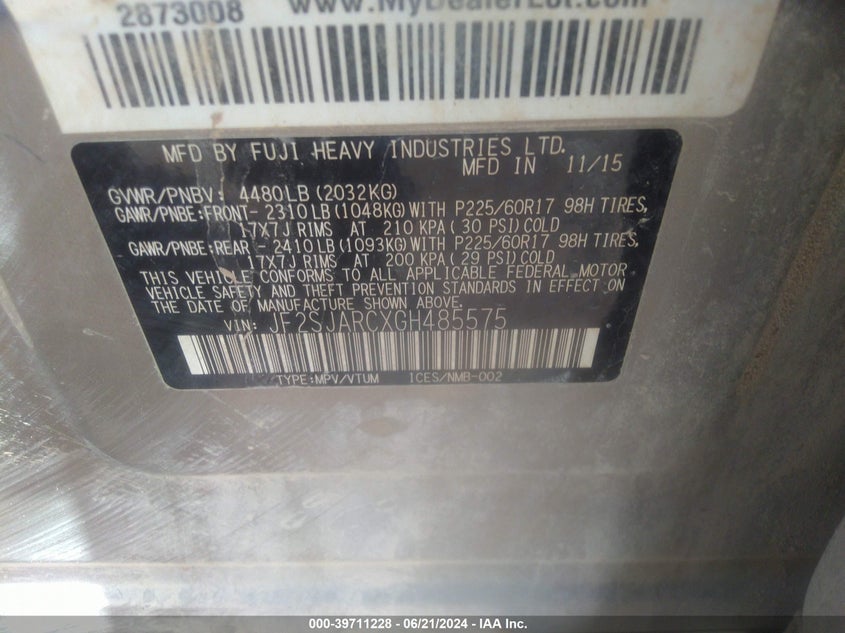 2016 Subaru Forester 2.5I Limited VIN: JF2SJARCXGH485575 Lot: 39711228