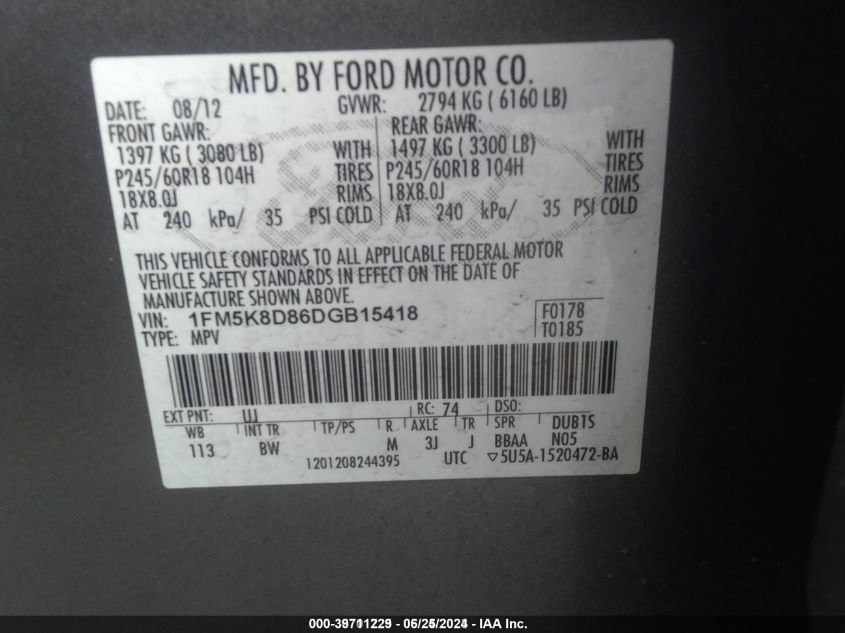 2013 Ford Explorer Xlt VIN: 1FM5K8D86DGB15418 Lot: 39711229