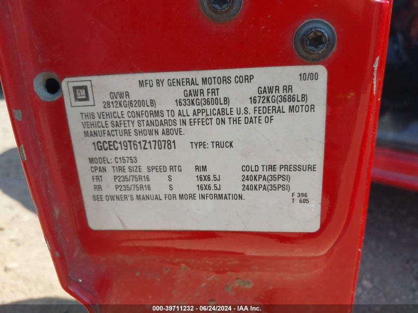 2001 Chevrolet Silverado C1500 VIN: 1GCEC19T61Z170781 Lot: 39711232