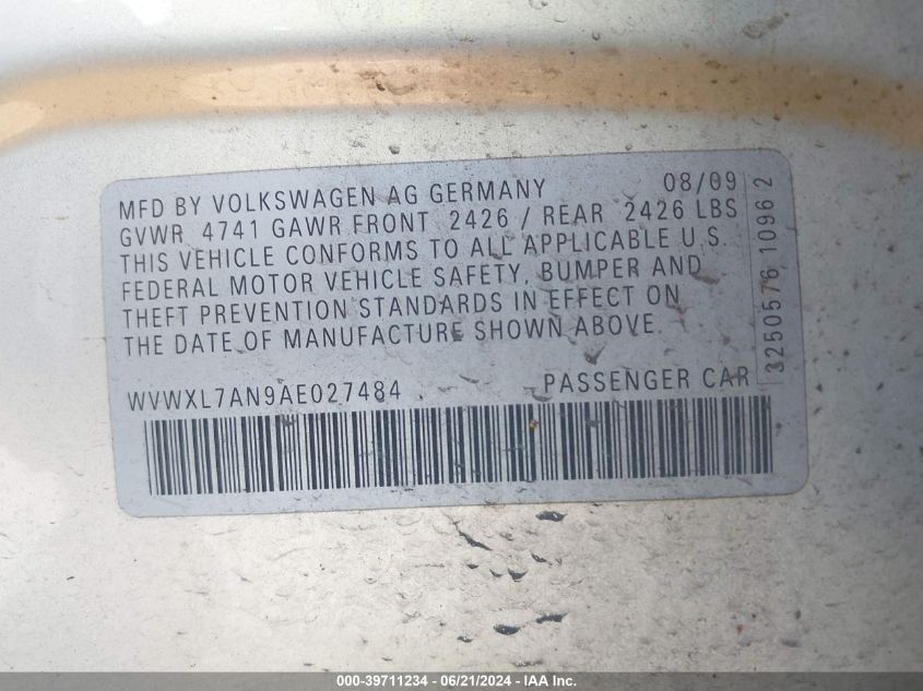 2010 Volkswagen Passat Komfort VIN: WVWXL7AN9AE027484 Lot: 39711234