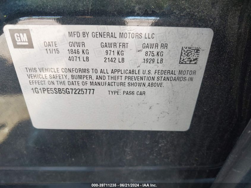 2016 Chevrolet Cruze Limited Lt VIN: 1G1PE5SB5G7225777 Lot: 39711235