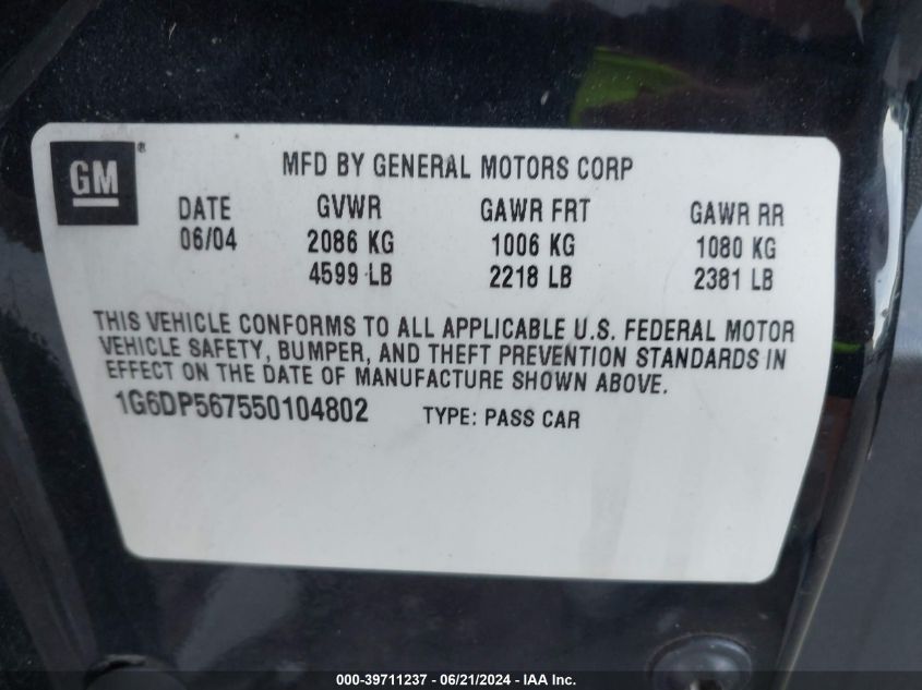 2005 Cadillac Cts Standard VIN: 1G6DP567550104802 Lot: 39711237