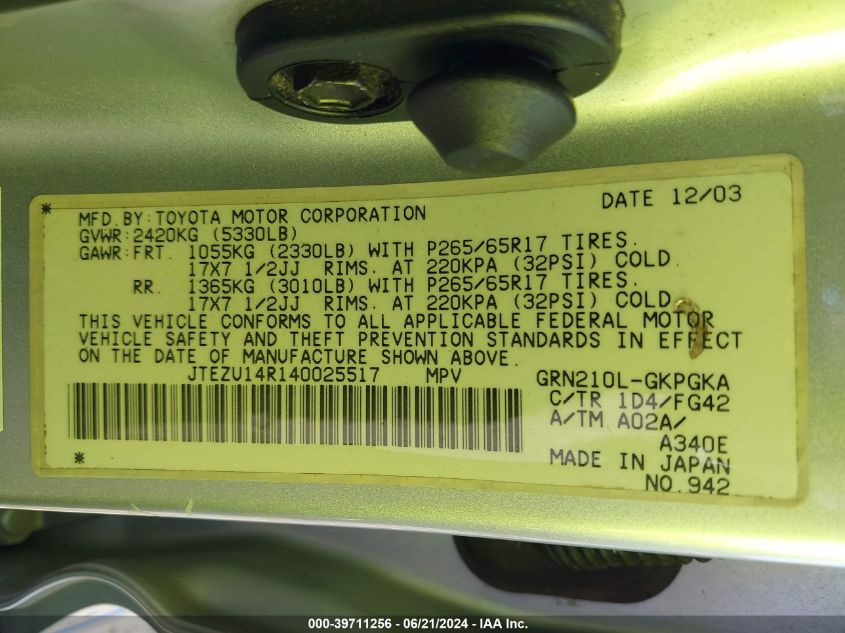 2004 Toyota 4Runner Sr5/Sport VIN: JTEZU14R140025517 Lot: 39711256