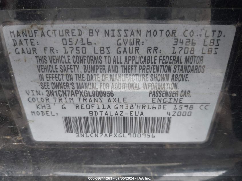 2016 Nissan Versa 1.6 S+ VIN: 3N1CN7APXGL900956 Lot: 39711263