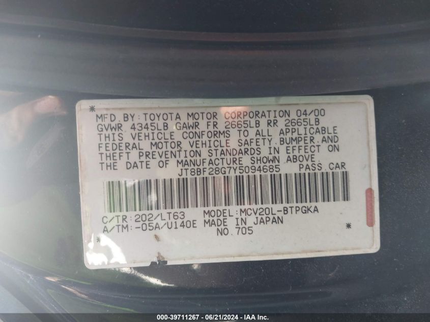 2000 Lexus Es 300 VIN: JT8BF28G7Y5094685 Lot: 39711267