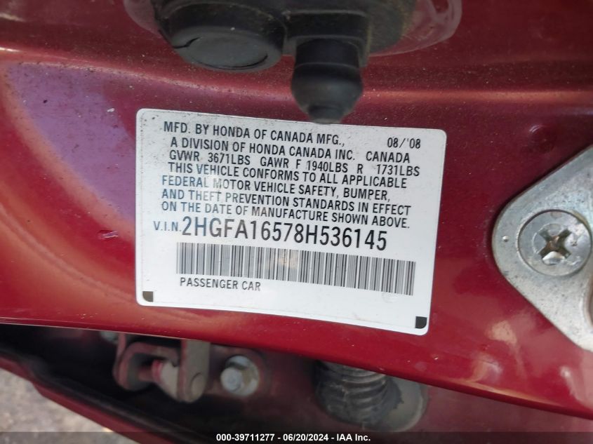 2008 Honda Civic Lx VIN: 2HGFA16578H536145 Lot: 39711277