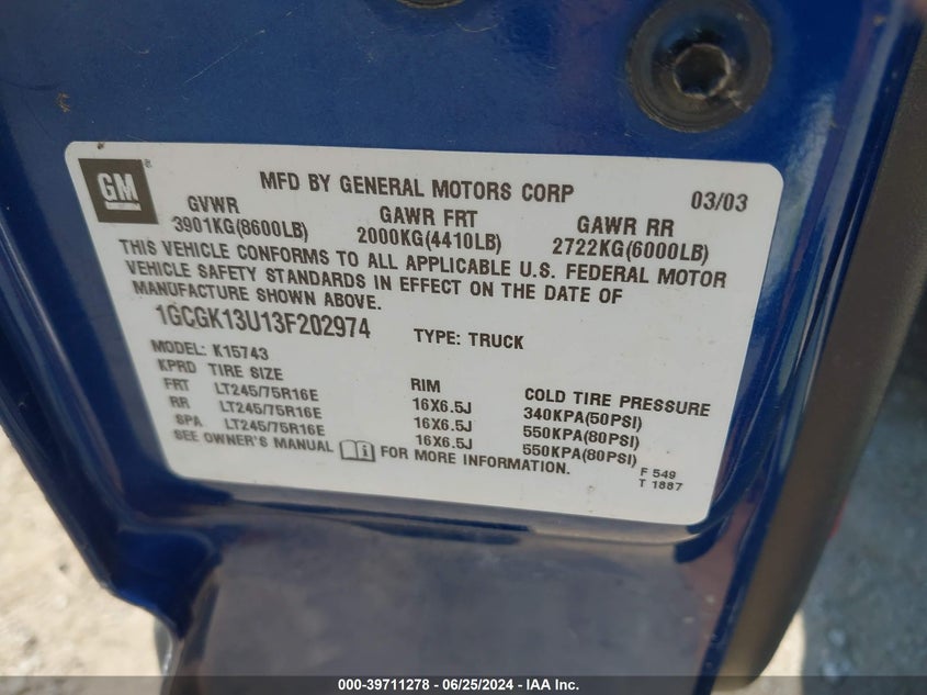 2003 Chevrolet Silverado K1500 Heavy Duty VIN: 1GCGK13U13F202974 Lot: 39711278