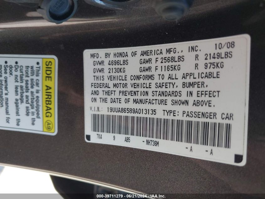 19UUA86589A013135 2009 Acura Tl 3.5