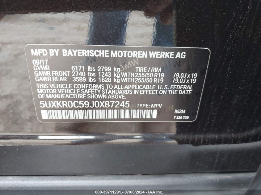 2018 BMW X5 xDrive35I VIN: 5UXKR0C59J0X87245 Lot: 39711291