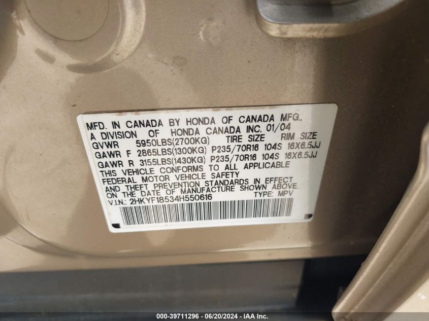 2004 Honda Pilot Ex-L VIN: 2HKYF18534H550616 Lot: 39711296