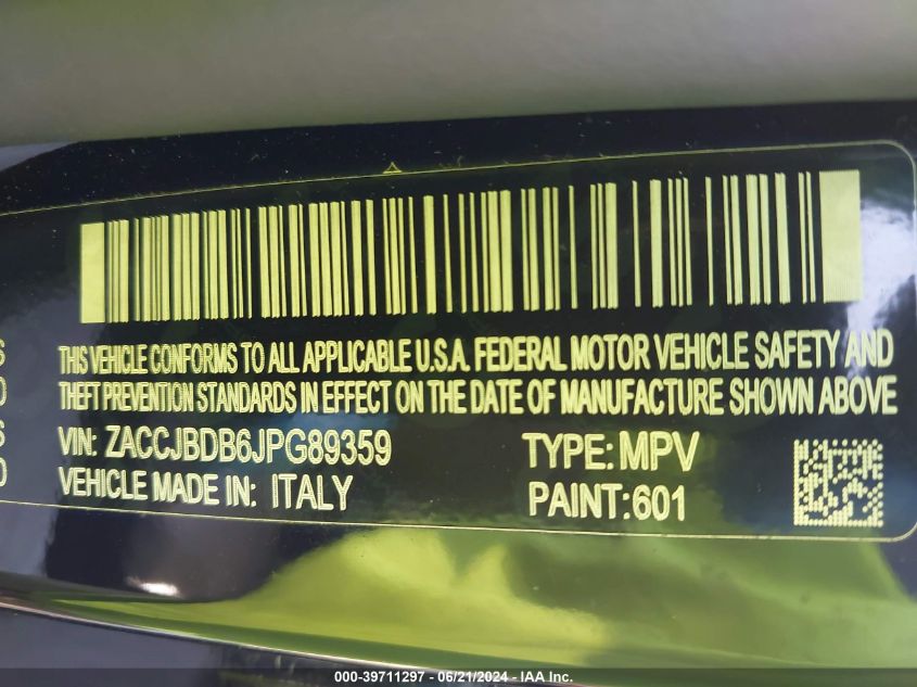 2018 Jeep Renegade Limited 4X4 VIN: ZACCJBDB6JPG89359 Lot: 39711297