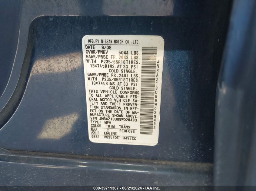 2009 Nissan Murano S/Sl VIN: JN8AZ18U89W029493 Lot: 39711307