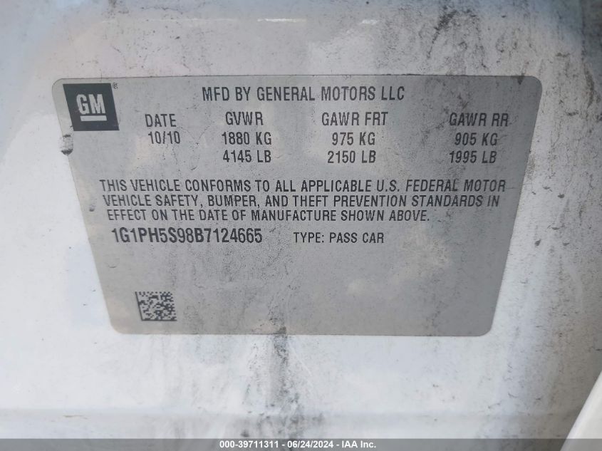 2011 Chevrolet Cruze Ltz VIN: 1G1PH5S98B7124665 Lot: 39711311