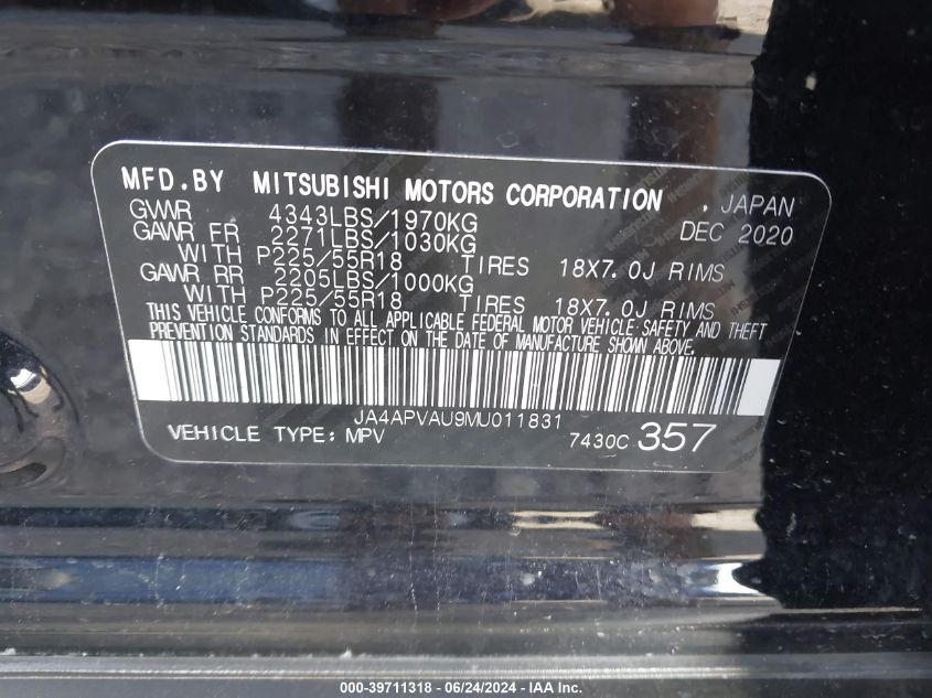 2021 Mitsubishi Outlander Sport 2.0 Se 2Wd VIN: JA4APVAU9MU011831 Lot: 39711318