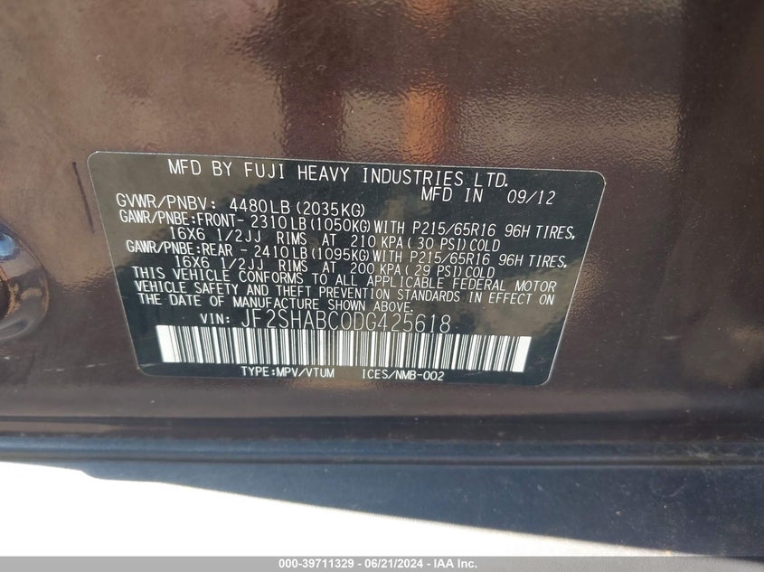 2013 Subaru Forester 2.5X VIN: JF2SHABC0DG425618 Lot: 39711329