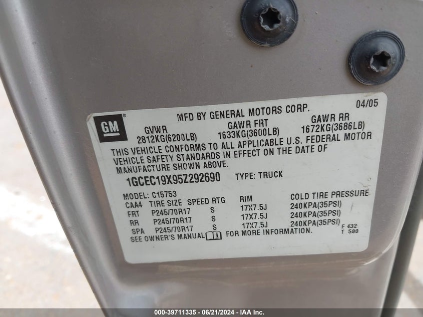 2005 Chevrolet Silverado C1500 VIN: 1GCEC19X95Z292690 Lot: 39711335