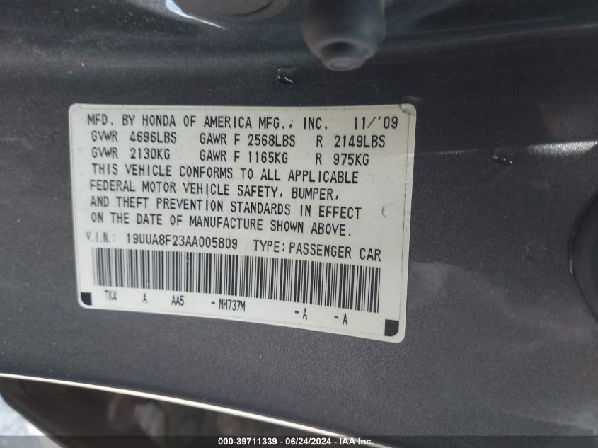 2010 Acura Tl 3.5 VIN: 19UUA8F23AA005809 Lot: 39711339