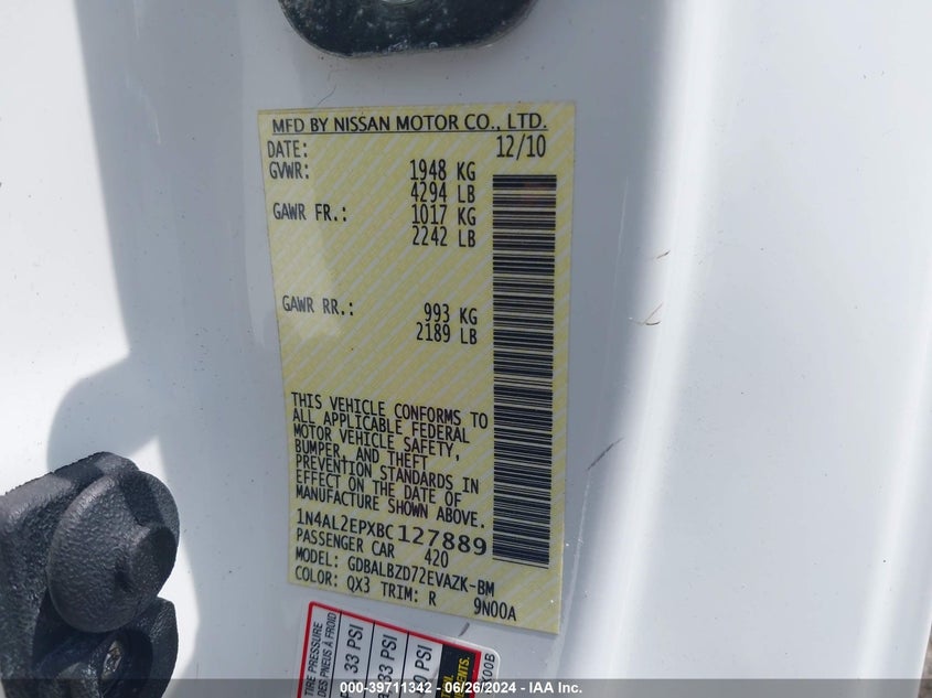 2011 Nissan Altima 2.5 S VIN: 1N4AL2EPXBC127889 Lot: 39711342