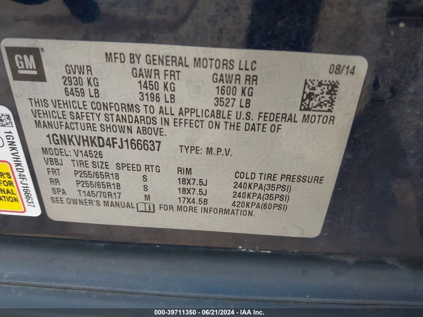 2015 Chevrolet Traverse 2Lt VIN: 1GNKVHKD4FJ166637 Lot: 39711350