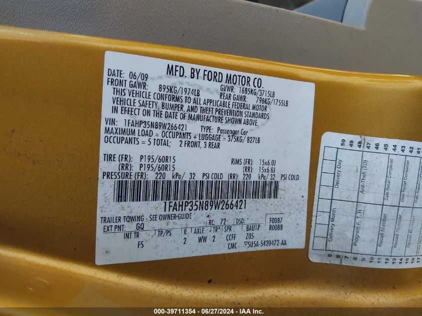 2009 Ford Focus Se VIN: 1FAHP35N89W266421 Lot: 39711354