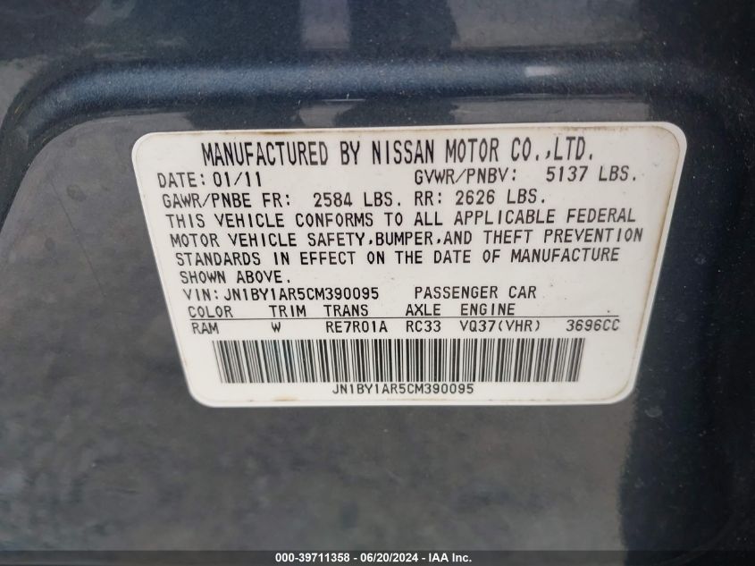 2012 Infiniti M37X VIN: JN1BY1AR5CM390095 Lot: 39711358