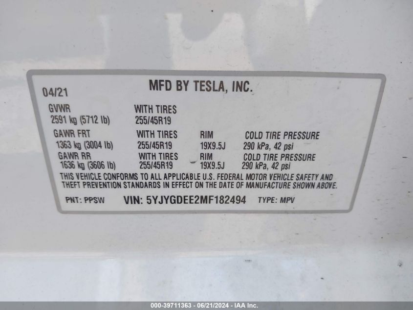 2021 Tesla Model Y VIN: 5YJYGDEE2MF182494 Lot: 39711363