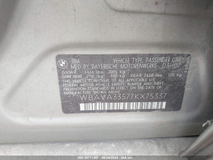 2007 BMW 328I VIN: WBAVA33577KX75337 Lot: 39711367
