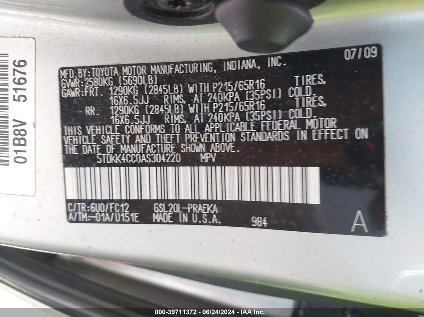 2010 Toyota Sienna Le VIN: 5TDKK4CC0AS304220 Lot: 39711372