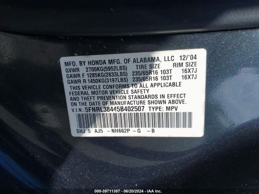 2005 Honda Odyssey Ex VIN: 5FNRL38445B402507 Lot: 39711387