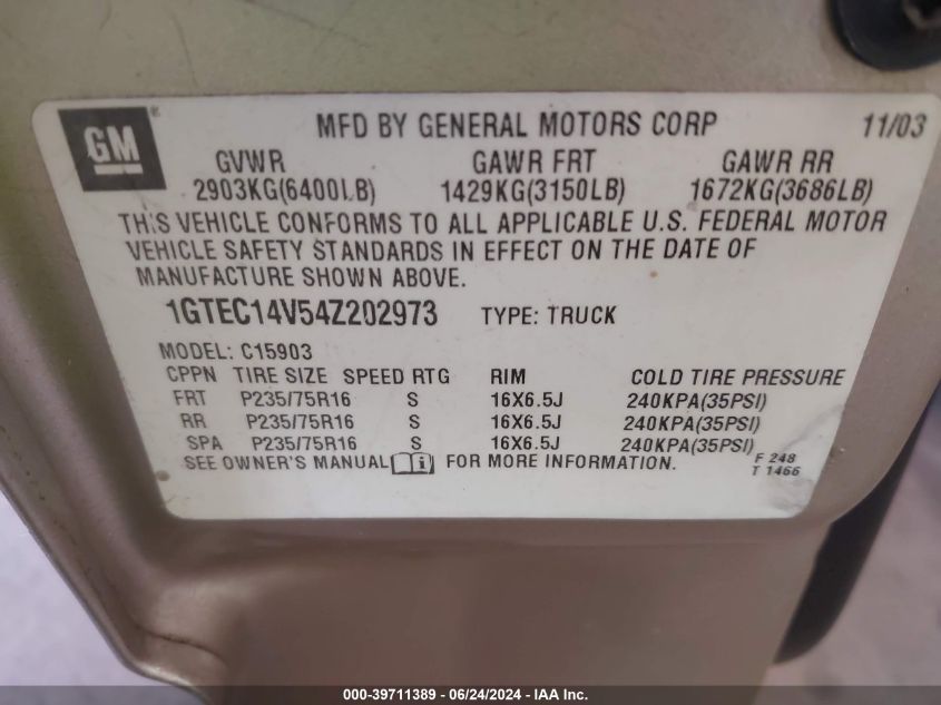 2004 GMC Sierra 1500 Work Truck VIN: 1GTEC14V54Z202973 Lot: 39711389