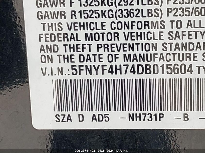 2013 Honda Pilot Exln VIN: 5FNYF4H74DB015604 Lot: 39711403