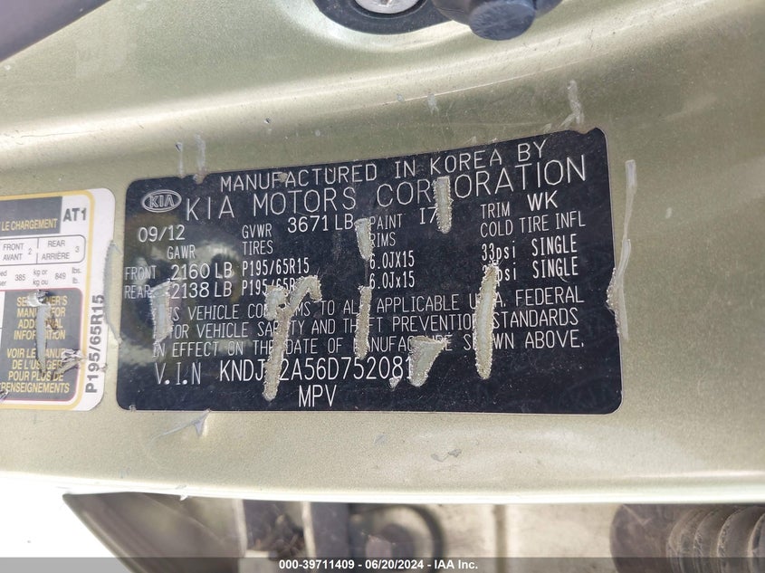 2013 Kia Soul VIN: KNDJT2A56D7520816 Lot: 39711409