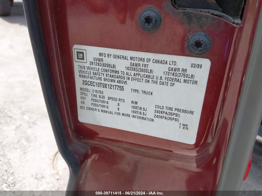 1999 Chevrolet Silverado 1500 Lt VIN: 2GCEC19T9X1217755 Lot: 39711415