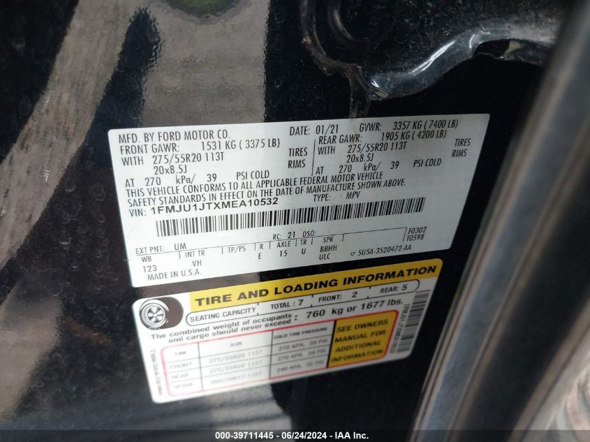 2021 Ford Expedition Xlt VIN: 1FMJU1JTXMEA10532 Lot: 39711445