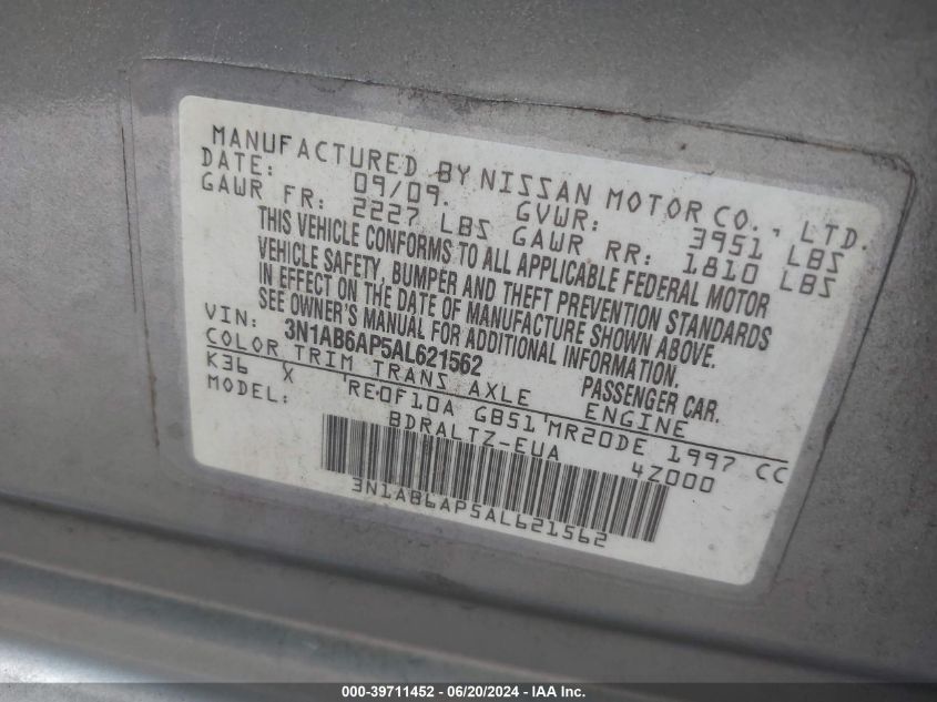 2010 Nissan Sentra 2.0S VIN: 3N1AB6AP5AL621562 Lot: 39711452