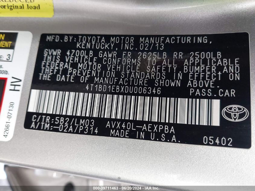 2013 Toyota Avalon Hybrid Limited VIN: 4T1BD1EBXDU006346 Lot: 39711463