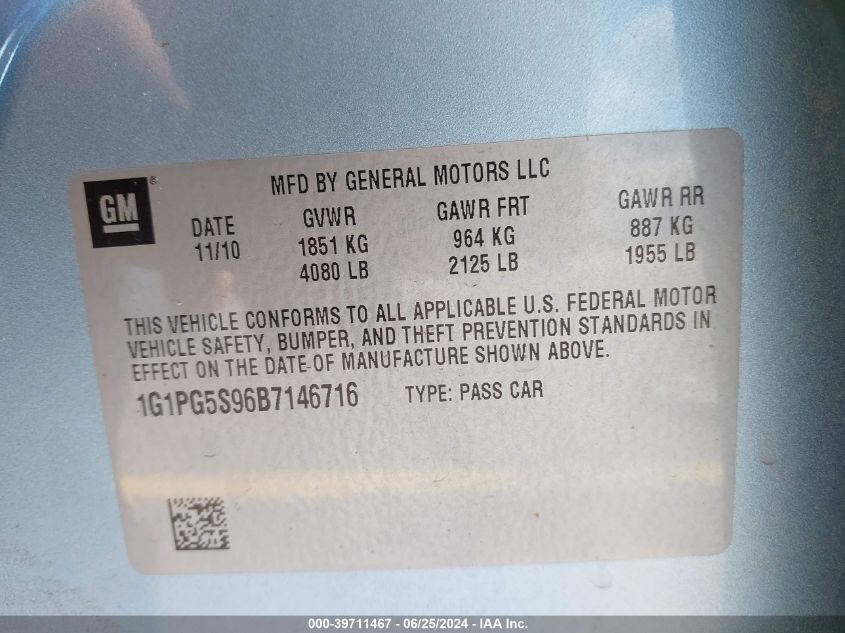 2011 Chevrolet Cruze Lt VIN: 1G1PG5S96B7146716 Lot: 39711467