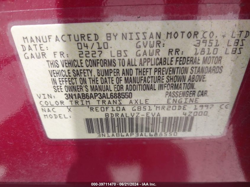 2010 Nissan Sentra 2.0/2.0S/Sr/2.0Sl VIN: 3N1AB6AP3AL688550 Lot: 39711470