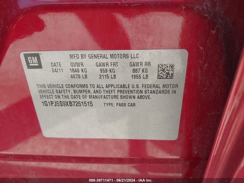 2011 Chevrolet Cruze Eco VIN: 1G1PJ5S9XB7261515 Lot: 39711471
