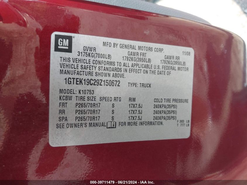 2009 GMC Sierra 1500 Work Truck VIN: 1GTEK19C29Z150672 Lot: 39711479