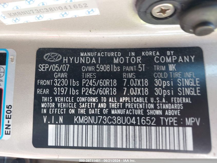 2008 Hyundai Veracruz Gls/Se/Limited VIN: KM8NU73C38U041652 Lot: 39711481