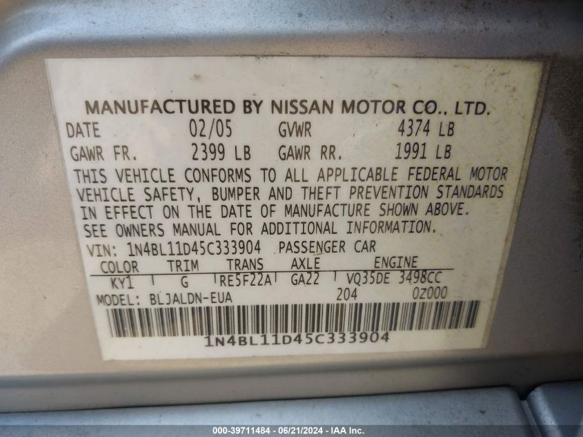 2005 Nissan Altima 3.5 Sl VIN: 1N4BL11D45C333904 Lot: 39711484