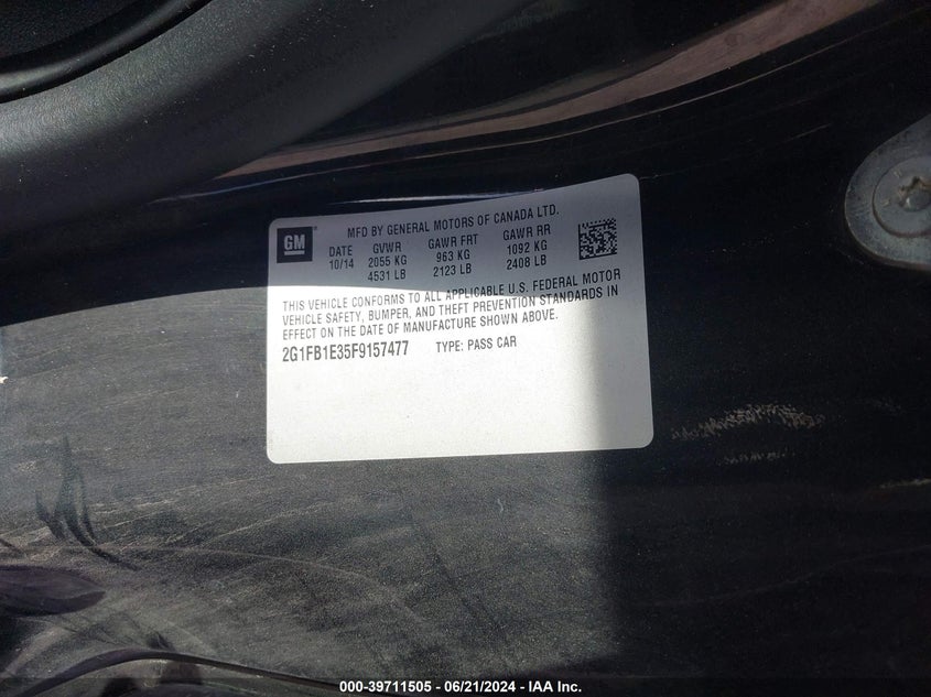 2015 Chevrolet Camaro Ls VIN: 2G1FB1E35F9157477 Lot: 39711505