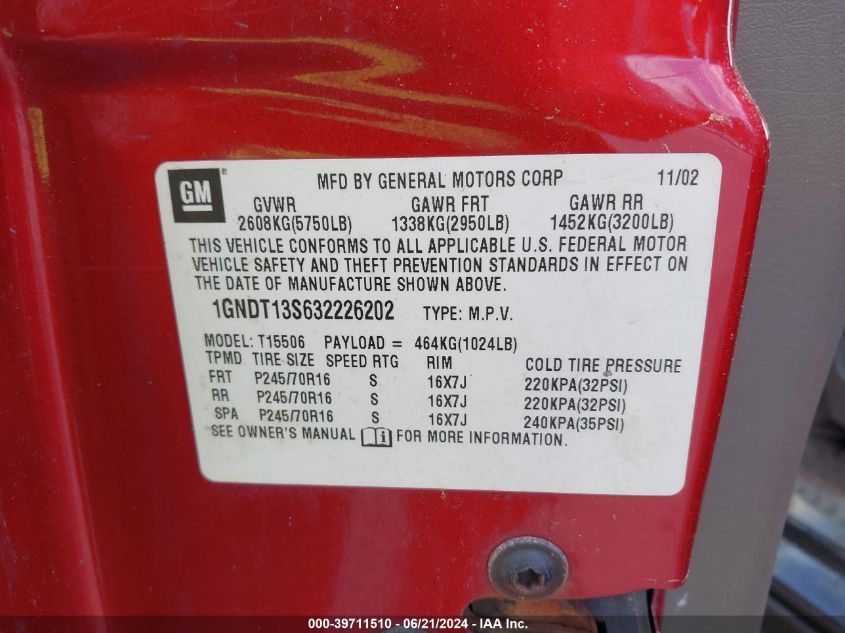 2003 Chevrolet Trailblazer Lt VIN: 1GNDT13S632226202 Lot: 39711510