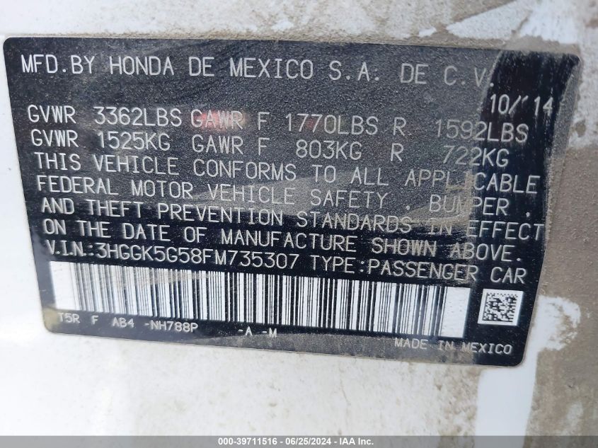 2015 Honda Fit Lx VIN: 3HGGK5G58FM735307 Lot: 39711516