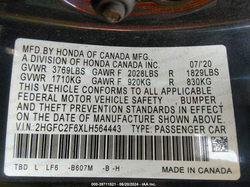 2020 Honda Civic Lx VIN: 2HGFC2F6XLH564443 Lot: 39711521