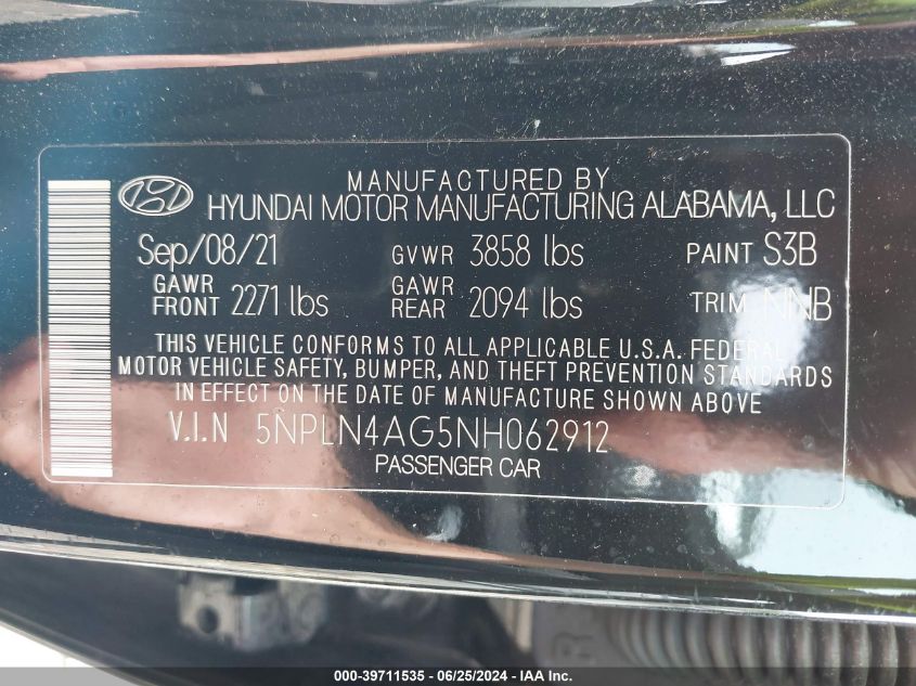 2022 Hyundai Elantra Sel VIN: 5NPLN4AG5NH062912 Lot: 39711535