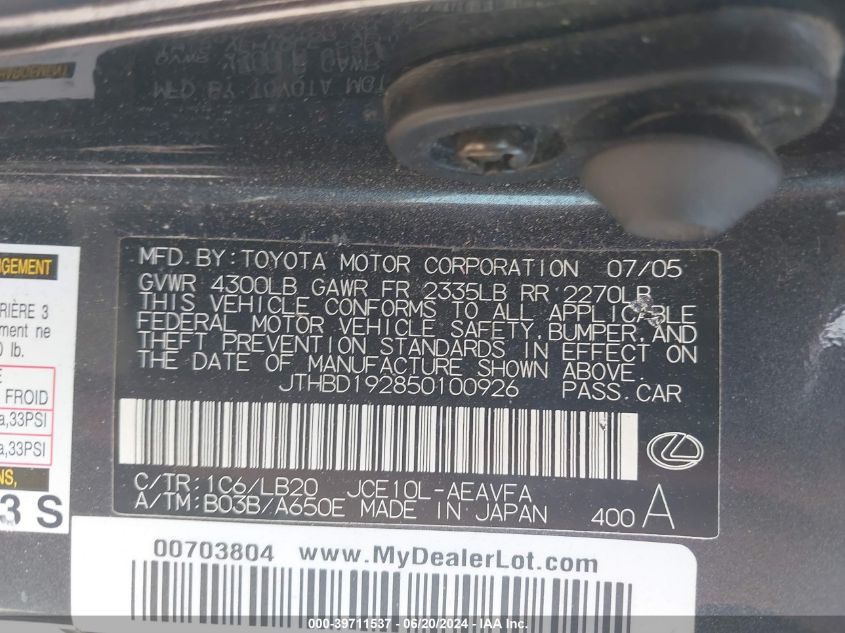 2005 Lexus Is 300 VIN: JTHBD192850100926 Lot: 39711537