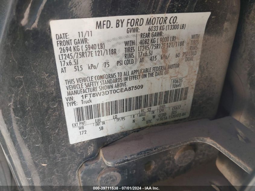 2012 Ford F-350 Lariat VIN: 1FT8W3DT0CEA87509 Lot: 39711538