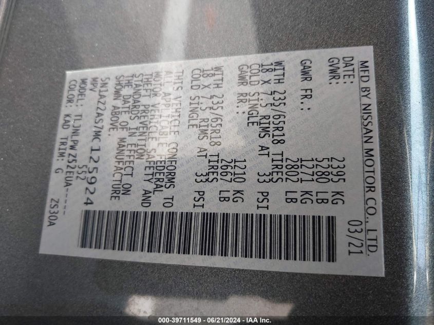 2021 Nissan Murano S VIN: 5N1AZ2AS7MC125924 Lot: 39711549